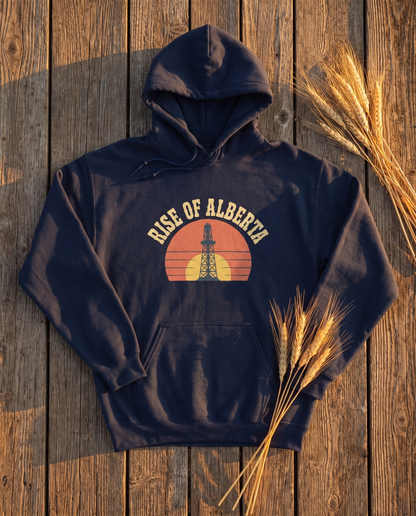 Rise of Alberta Sunrise Hoodie navy flat lay on barn boards