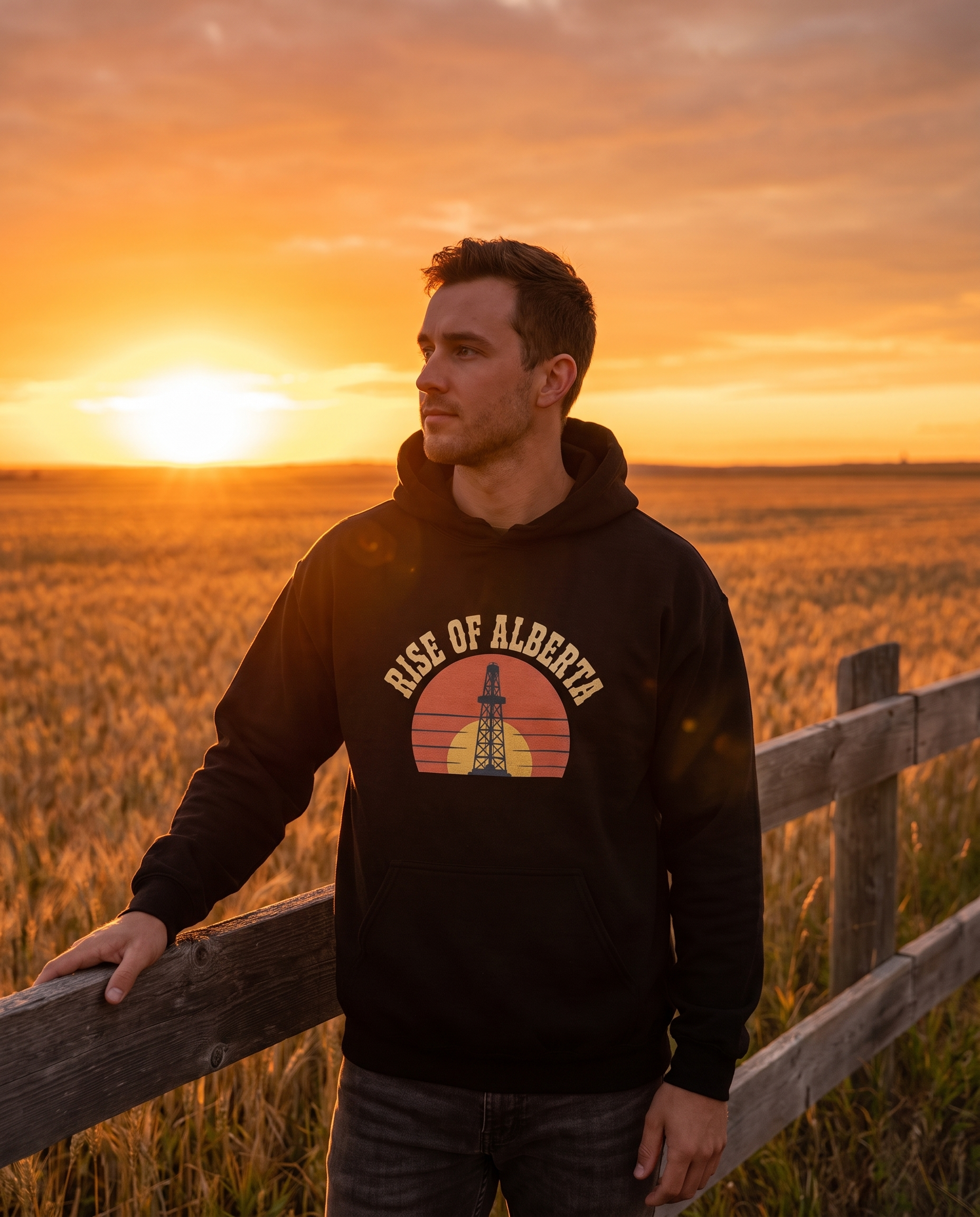 Rise of Alberta Sunrise Hoodie black at prairie fence line sunrise