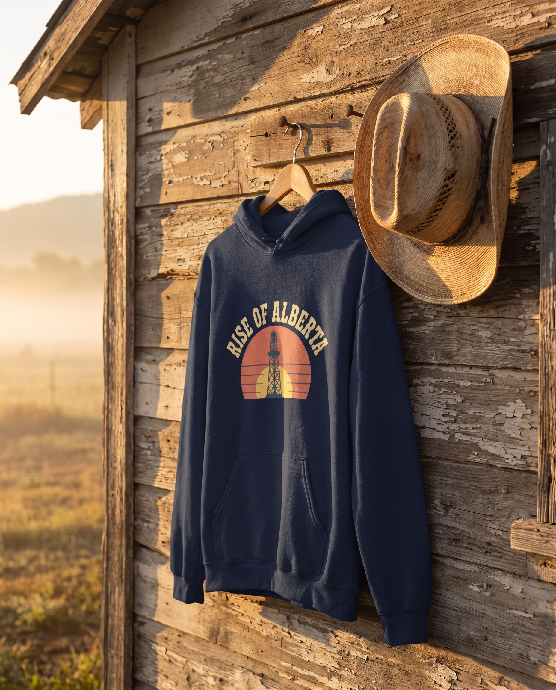 Rise of Alberta Sunrise Hoodie navy on rustic hook at dawn