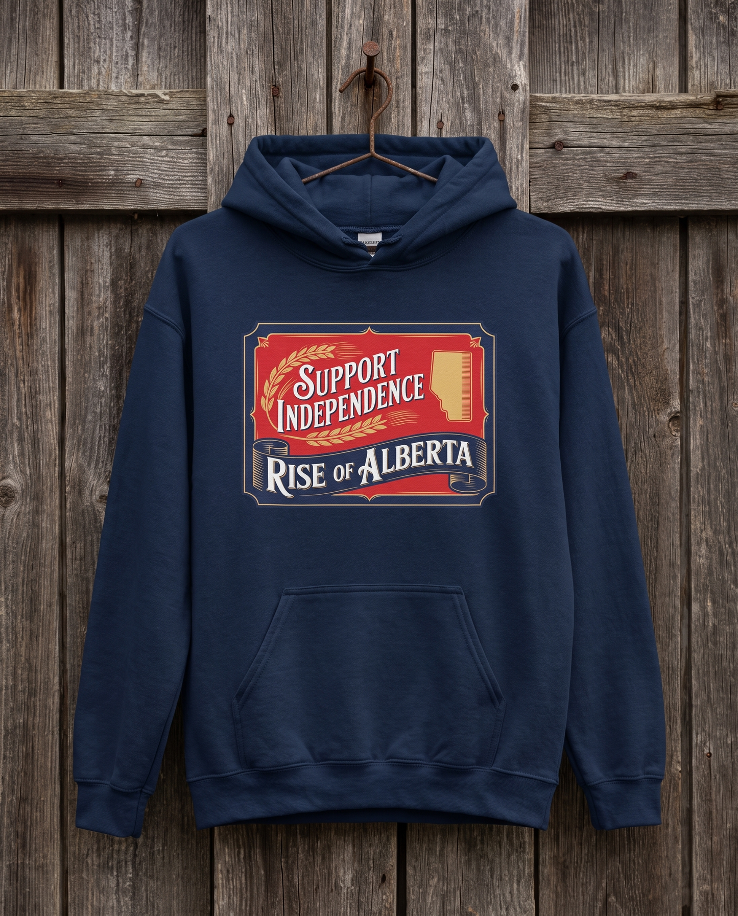 Support Independence hoodie navy hanging on barn boards