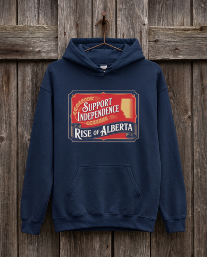 Support Independence hoodie navy hanging on barn boards