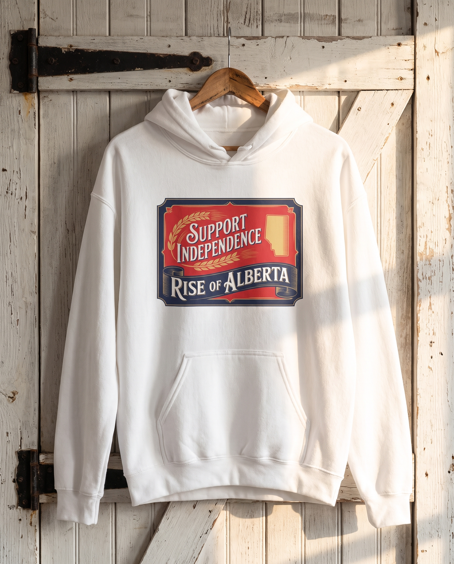 Support Independence hoodie white on whitewashed barn door