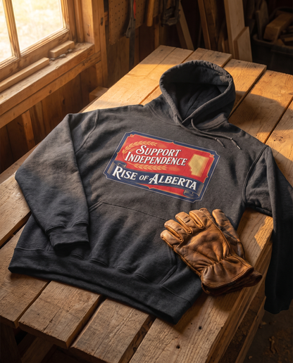 Support Independence hoodie dark heather flat lay on lumber with work gloves