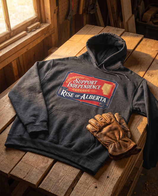 Support Independence hoodie dark heather flat lay on lumber with work gloves