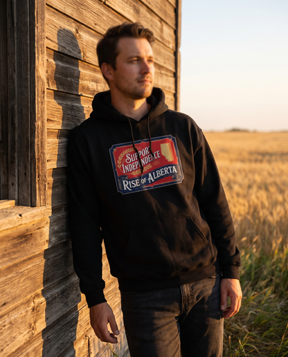 Support Independence hoodie black at prairie grain elevator golden hour