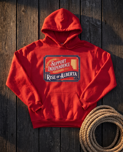 Support Independence hoodie red flat lay on dark barn boards