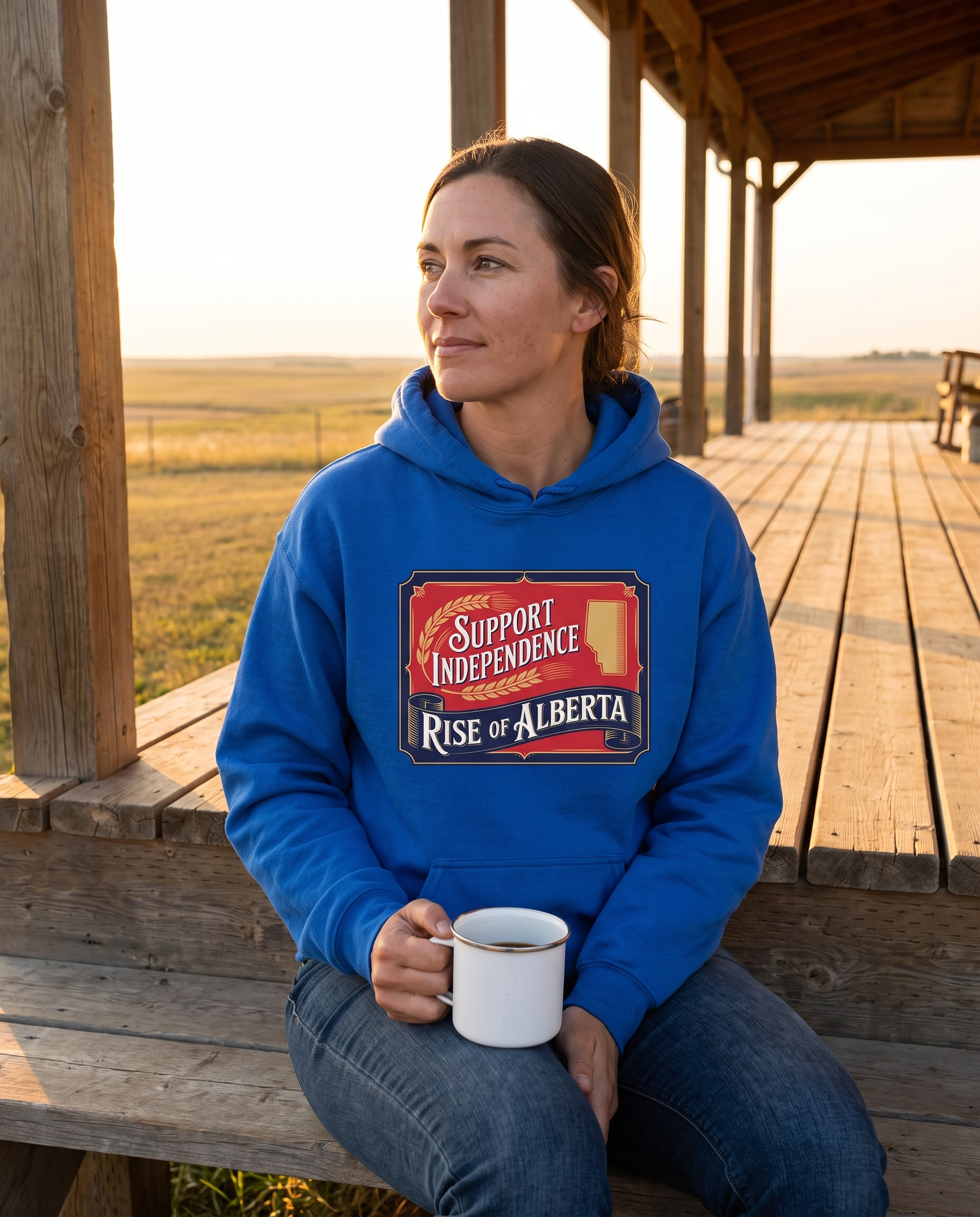Support Independence hoodie royal blue on ranch porch at golden hour