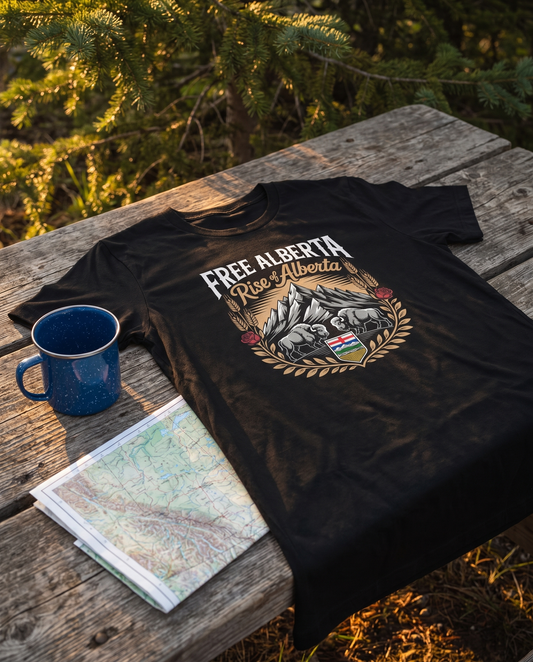 Free Alberta Heritage tee black flat lay on campsite table