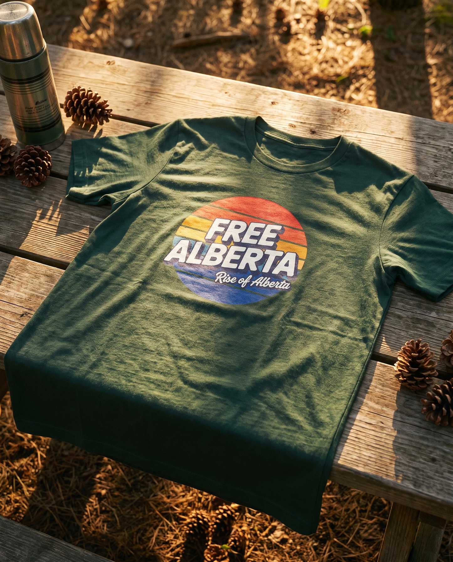 Retro Free Alberta tee forest green flat lay on picnic table