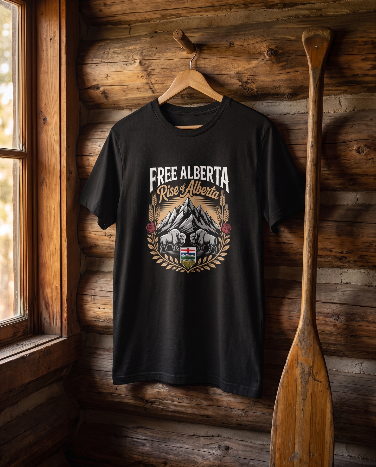 Free Alberta Heritage tee black on cabin wall with canoe paddle