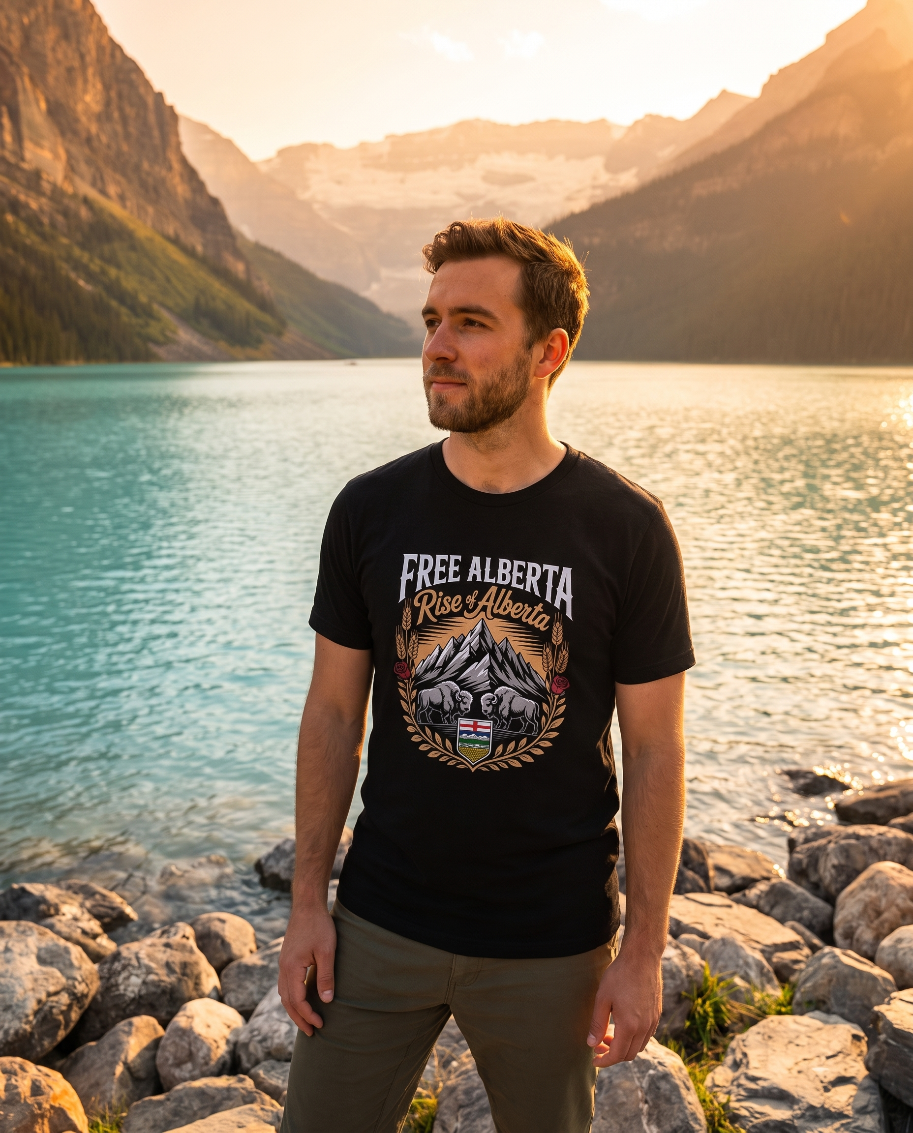 Free Alberta Heritage tee black at mountain lakeshore golden hour
