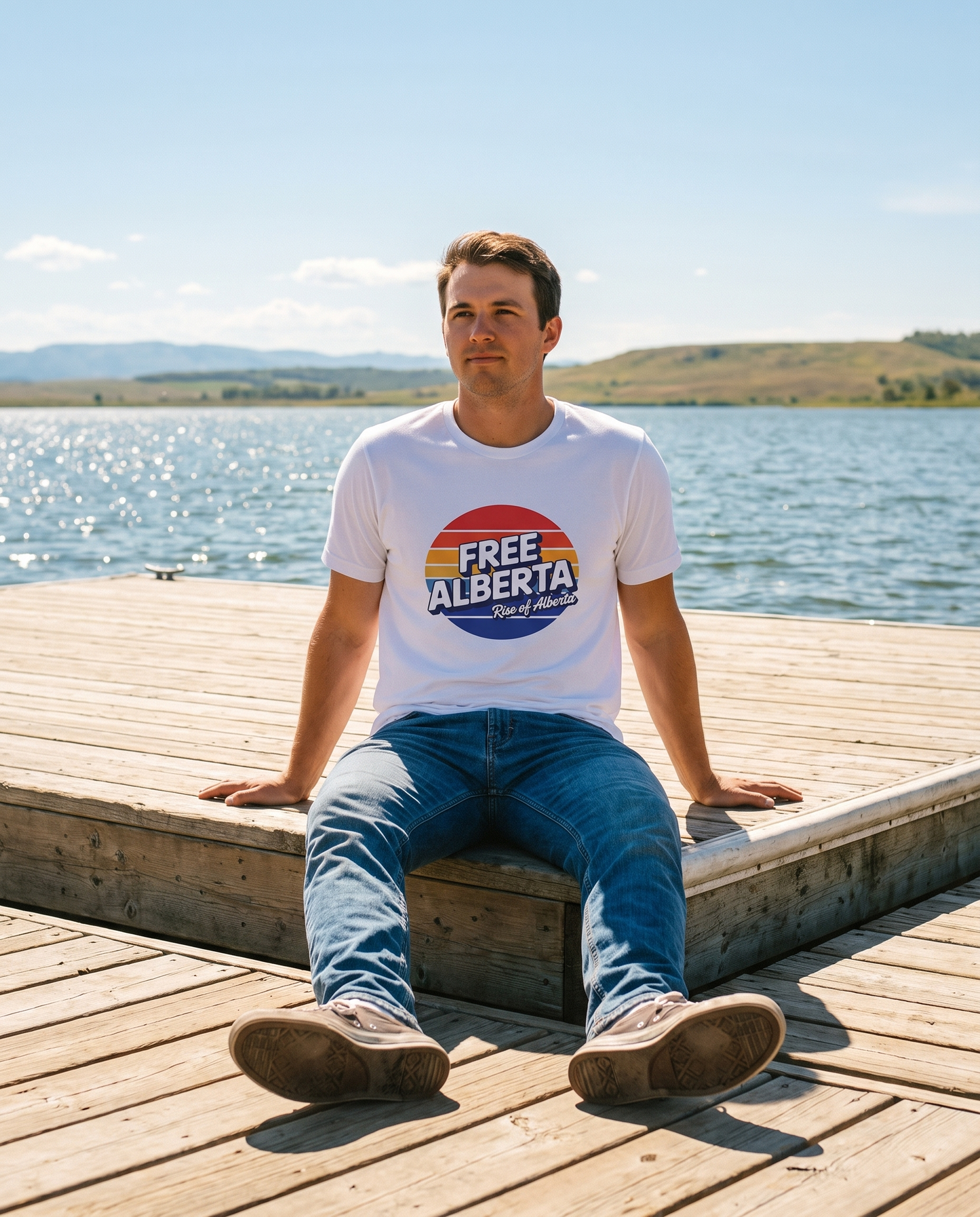 Retro Free Alberta tee white on lake dock summer