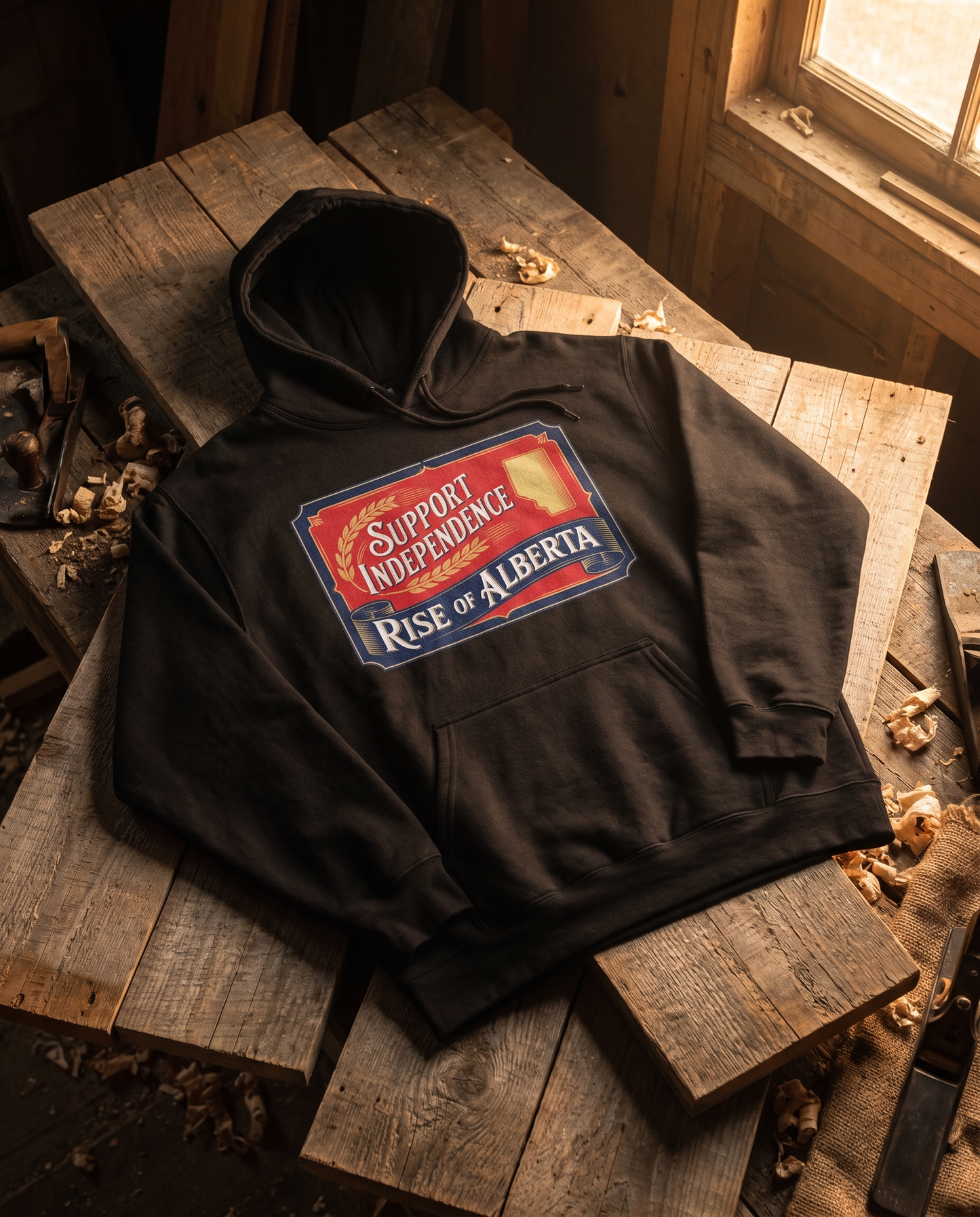 Support Independence hoodie black flat lay on workshop lumber