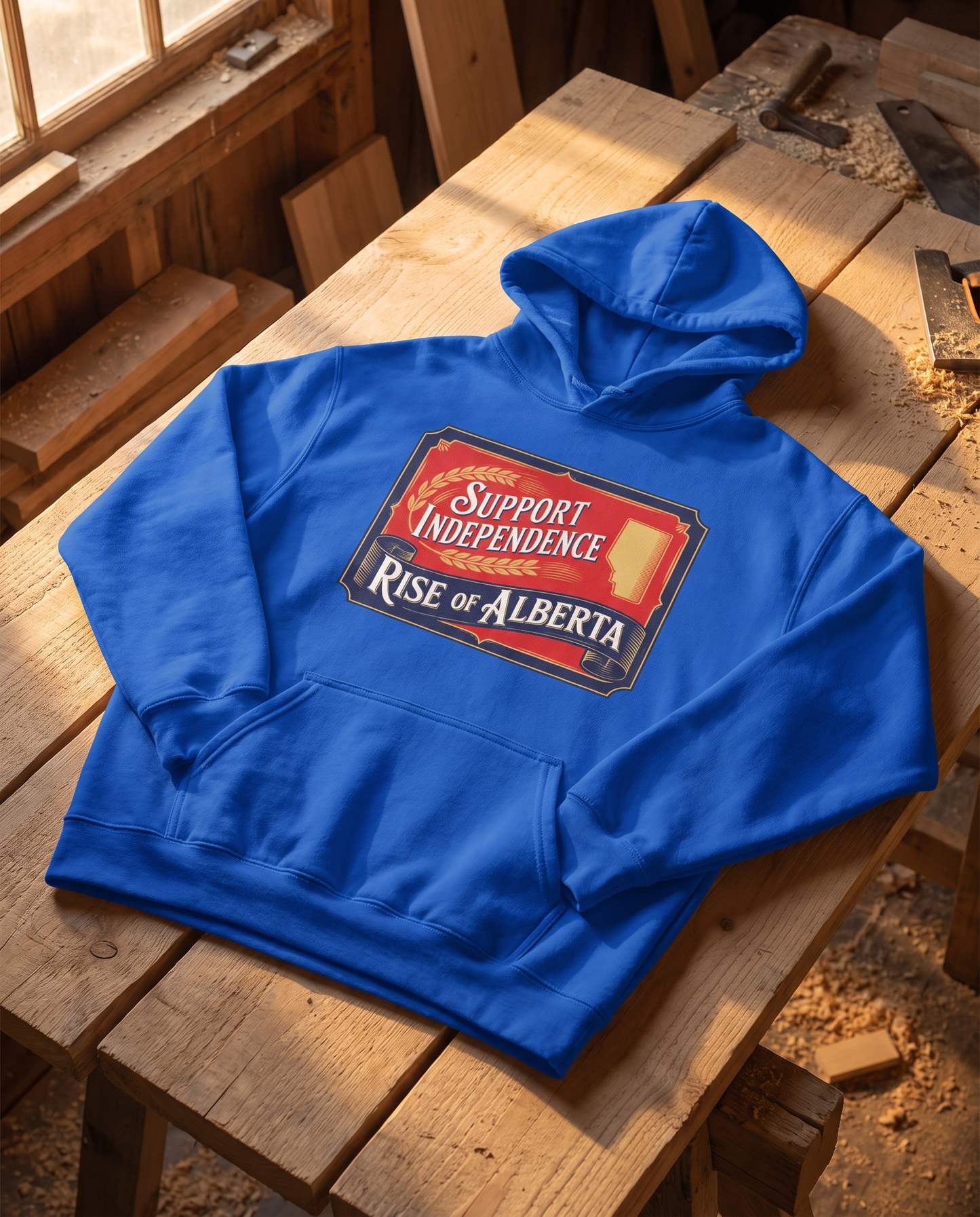 Support Independence hoodie royal blue flat lay on workshop lumber