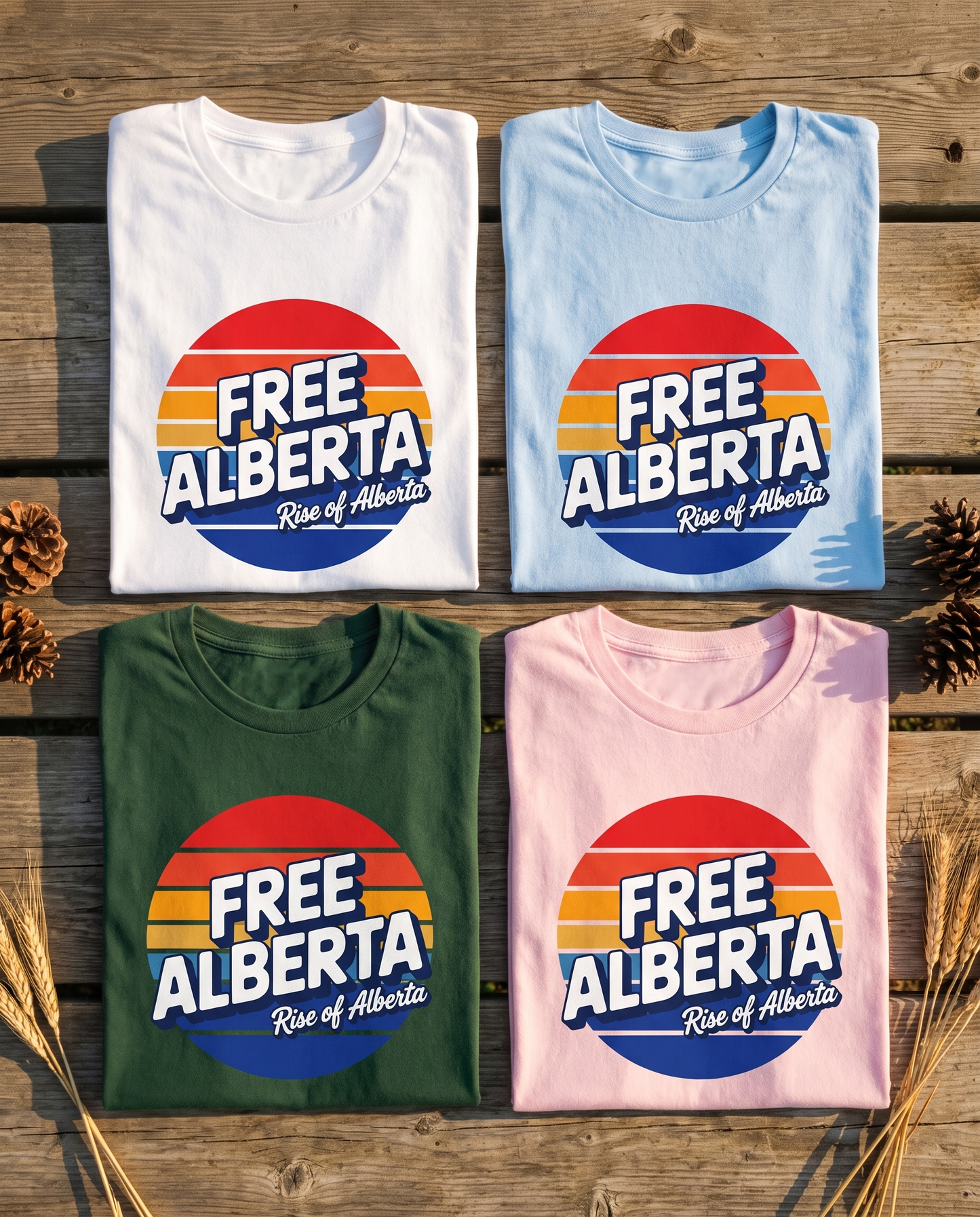 Retro Free Alberta tee all four colors white baby blue forest pink flat lay