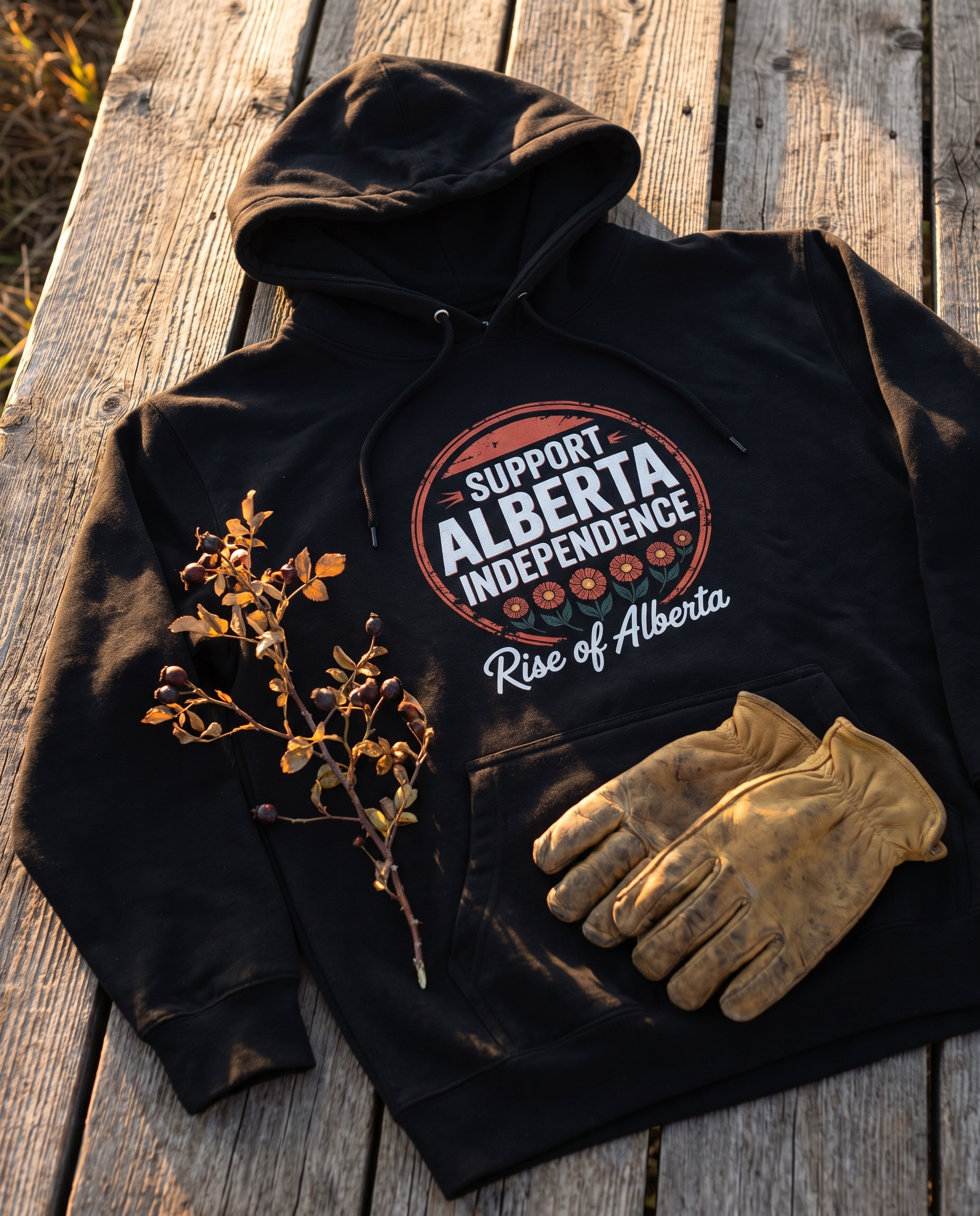 Wildrose Support Alberta Independence Hoodie flat lay on barn board with work gloves