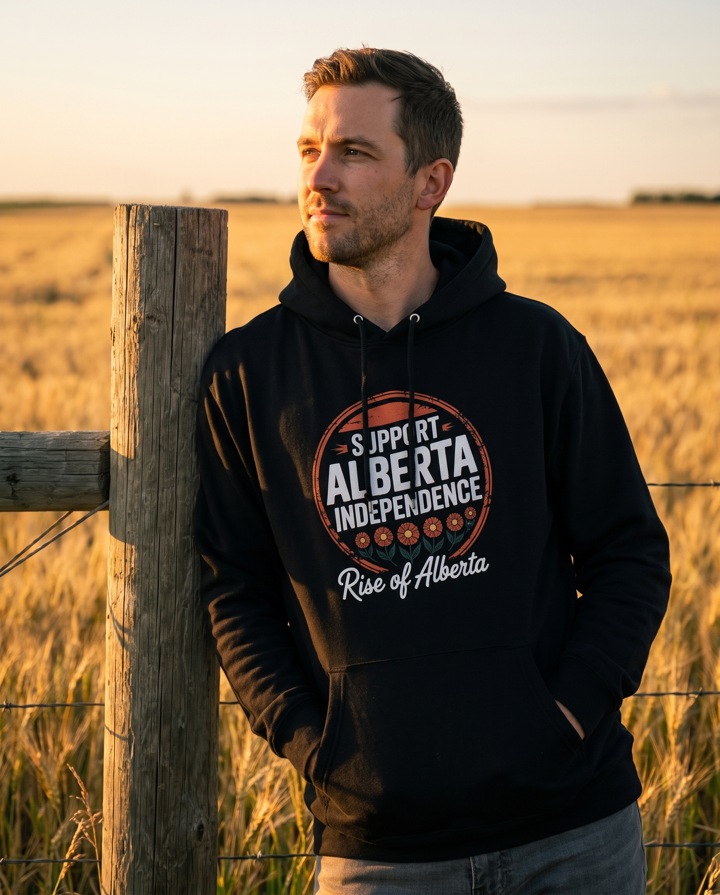 Wildrose Support Alberta Independence Hoodie at a wheat field fence at golden hour