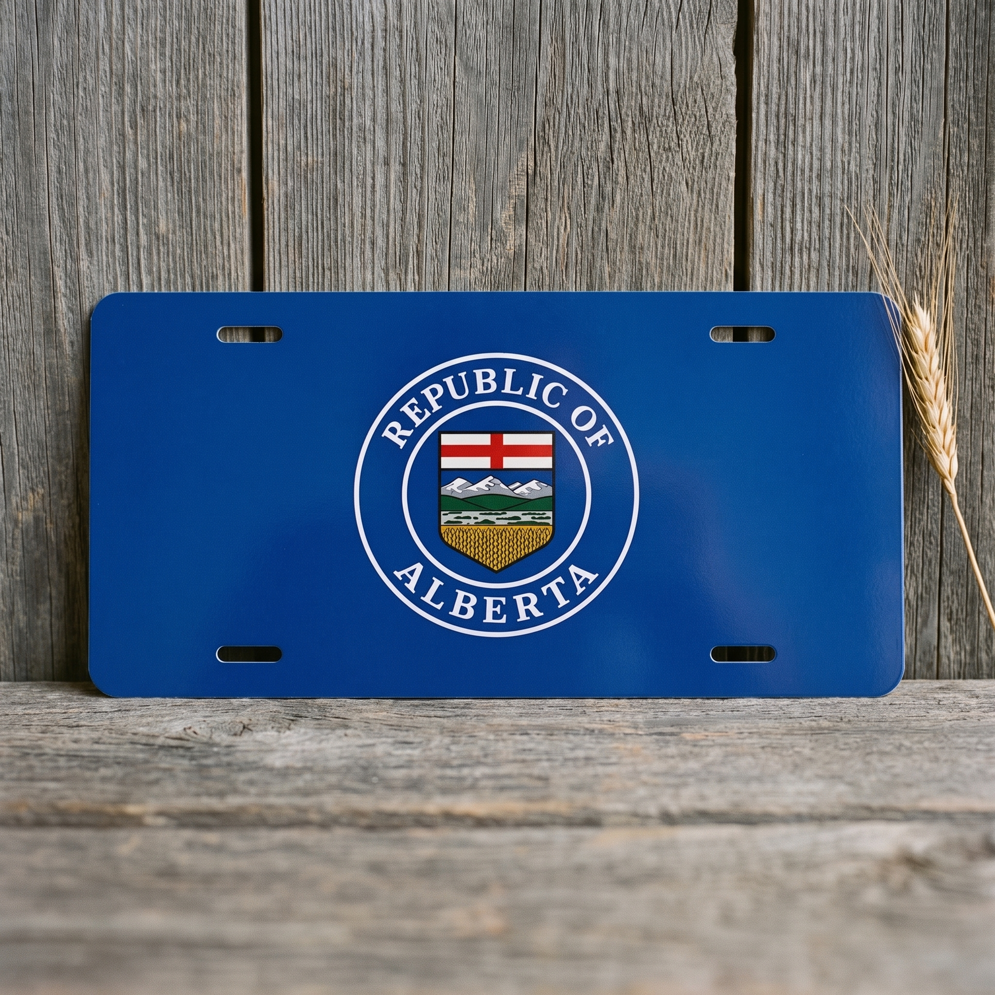 Republic of Alberta blue vanity plate against weathered barn board