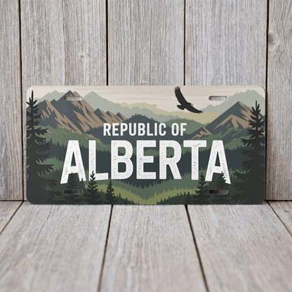 Green Republic of Alberta vanity plate against weathered barn board