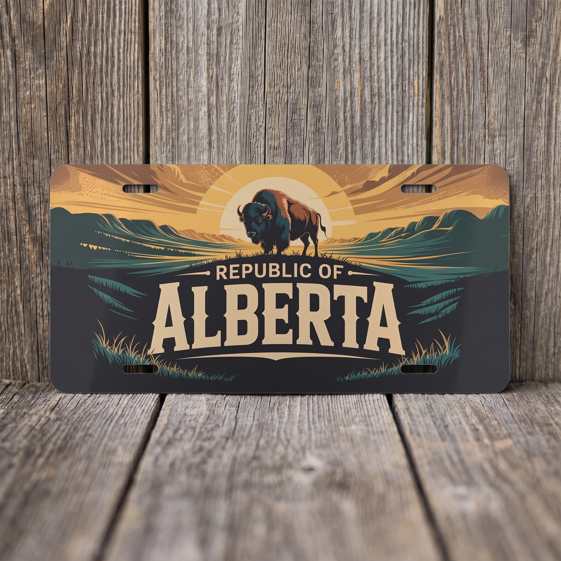 Buffalo Republic of Alberta vanity plate against weathered barn board