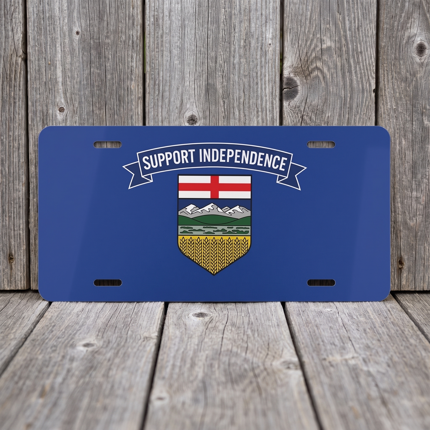 Support Independence Alberta Shield vanity plate against weathered barn board