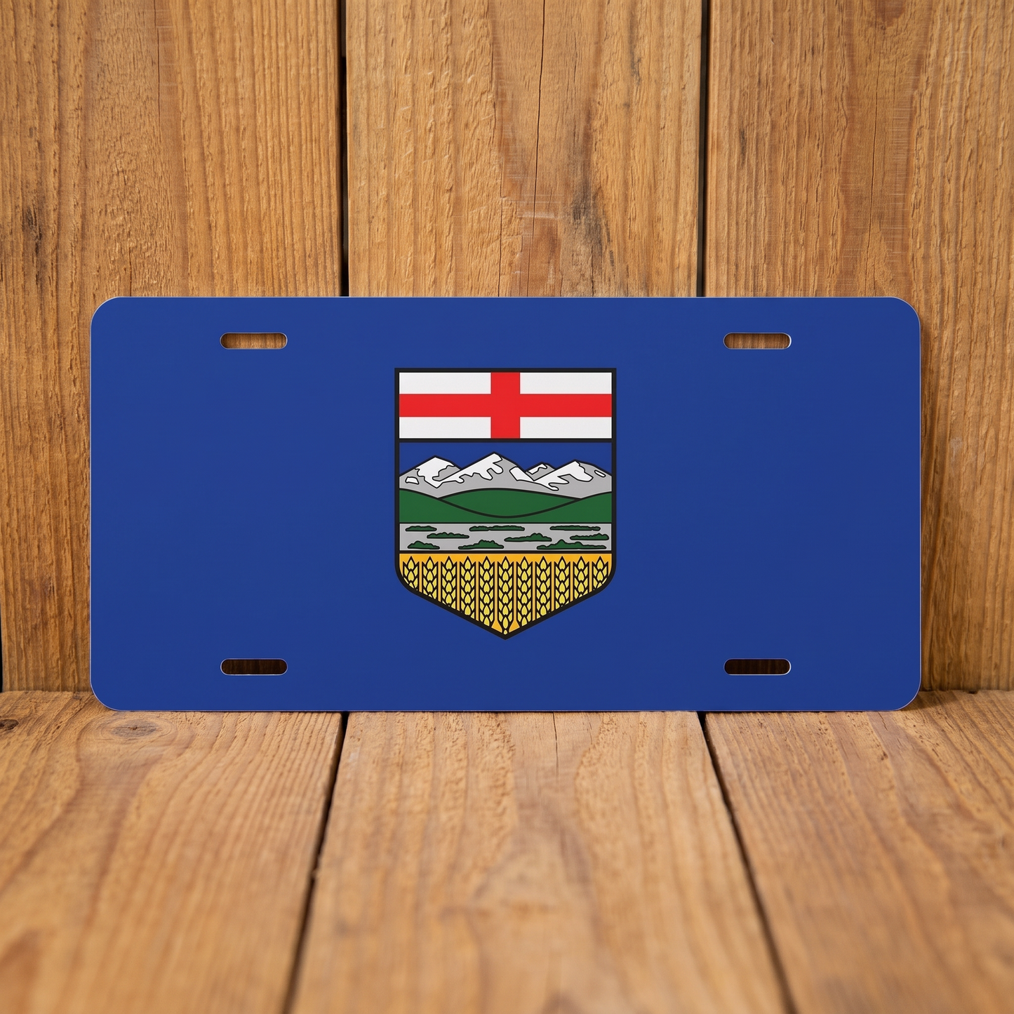 Alberta Flag vanity plate against weathered barn board