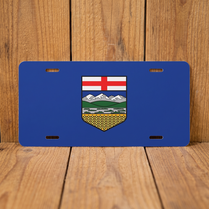 Alberta Flag vanity plate against weathered barn board