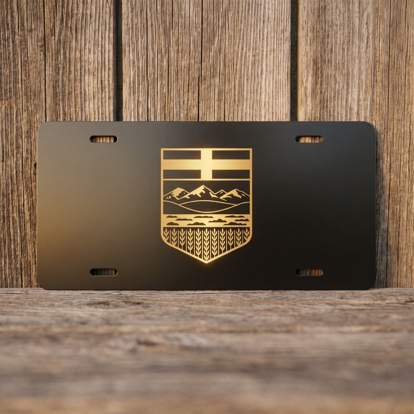 Black Gold Alberta vanity plate against warm weathered barn board