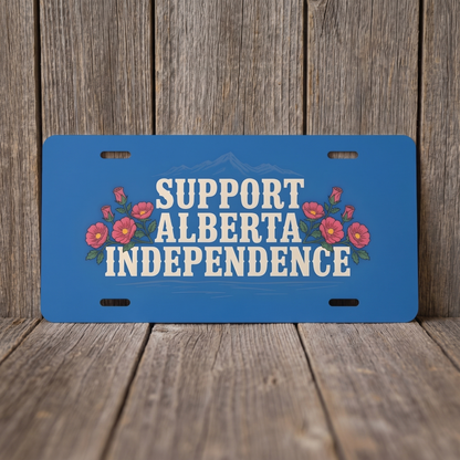 Wildrose Alberta Independence vanity plate against weathered barn board