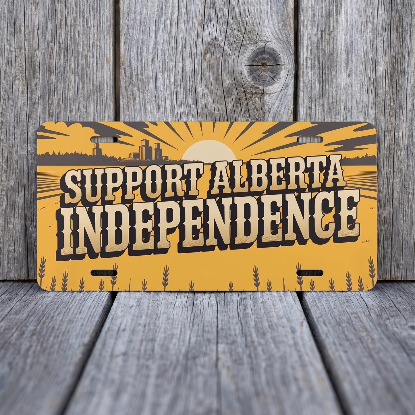 Yellow Support Alberta Independence vanity plate against weathered barn board