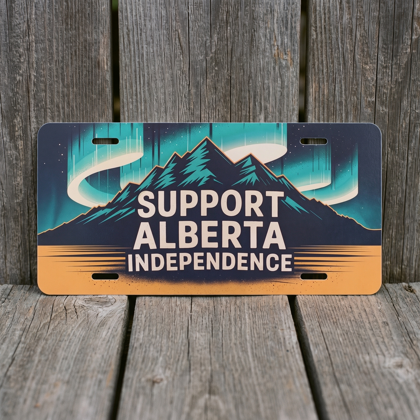 Alberta Independence Northern Lights vanity plate against weathered barn board