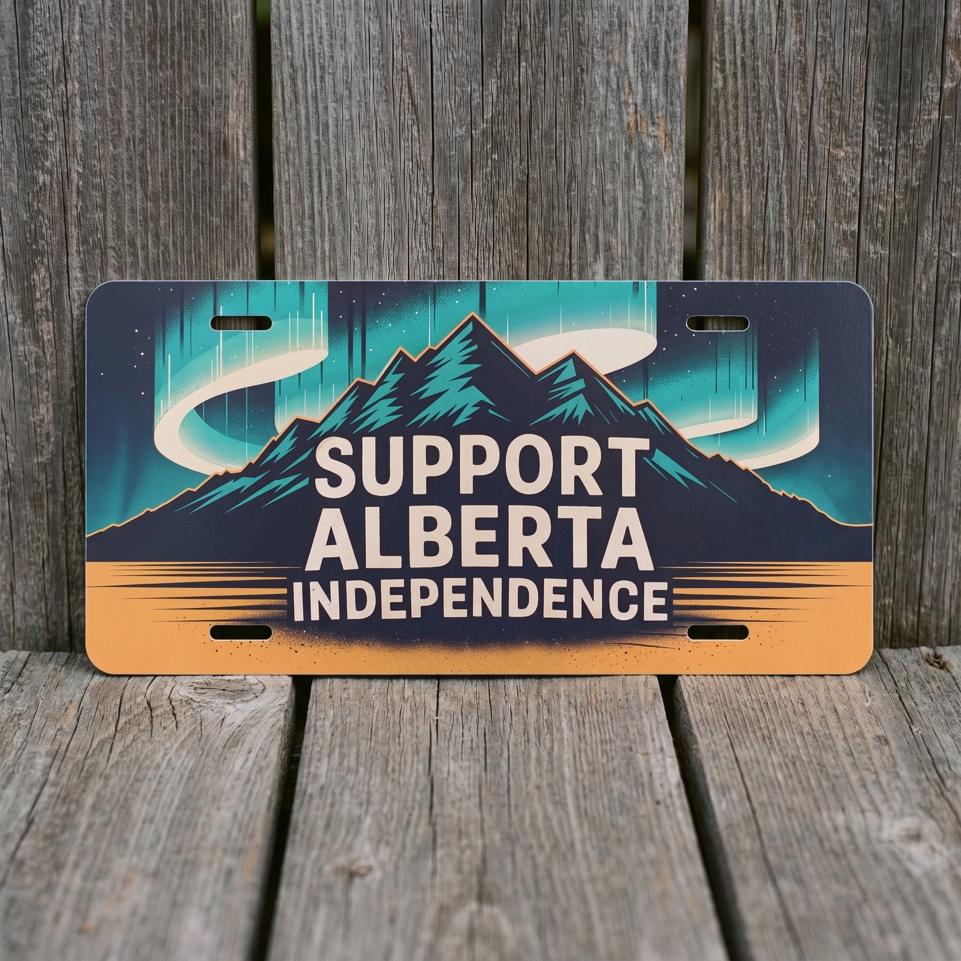 Alberta Independence Northern Lights vanity plate against weathered barn board