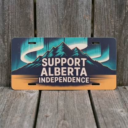 Alberta Independence Northern Lights vanity plate against weathered barn board
