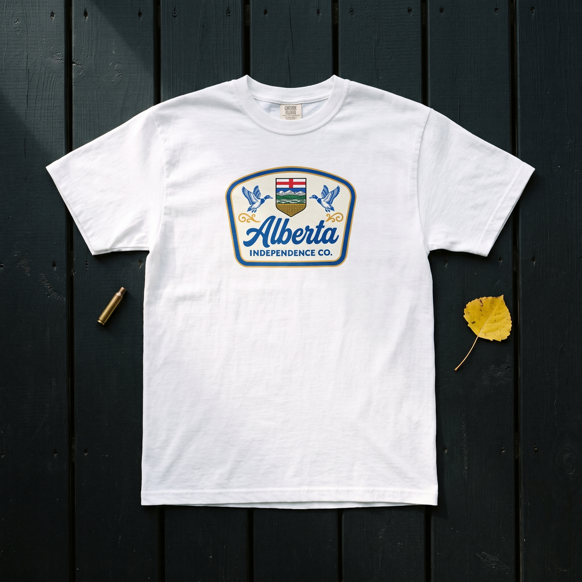 Alberta Independence Co. Heritage Tee in White, flat lay
