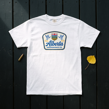 Alberta Independence Co. Heritage Tee in White, flat lay