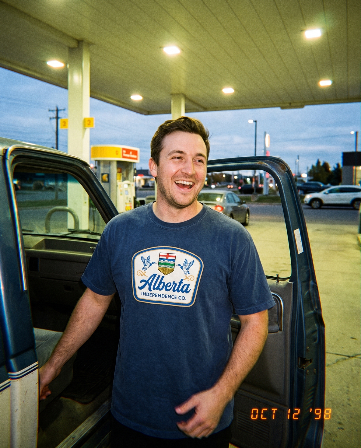 Heritage Tee in True Navy worn at a gas station