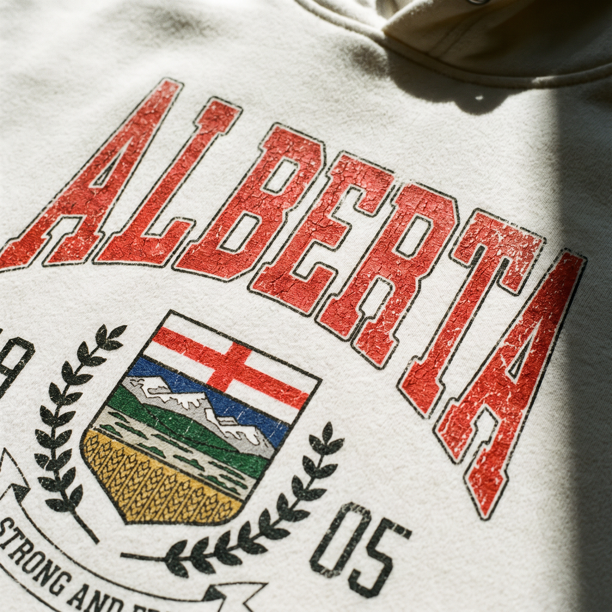 Close detail of the Alberta crest chest print on bone cream fleece