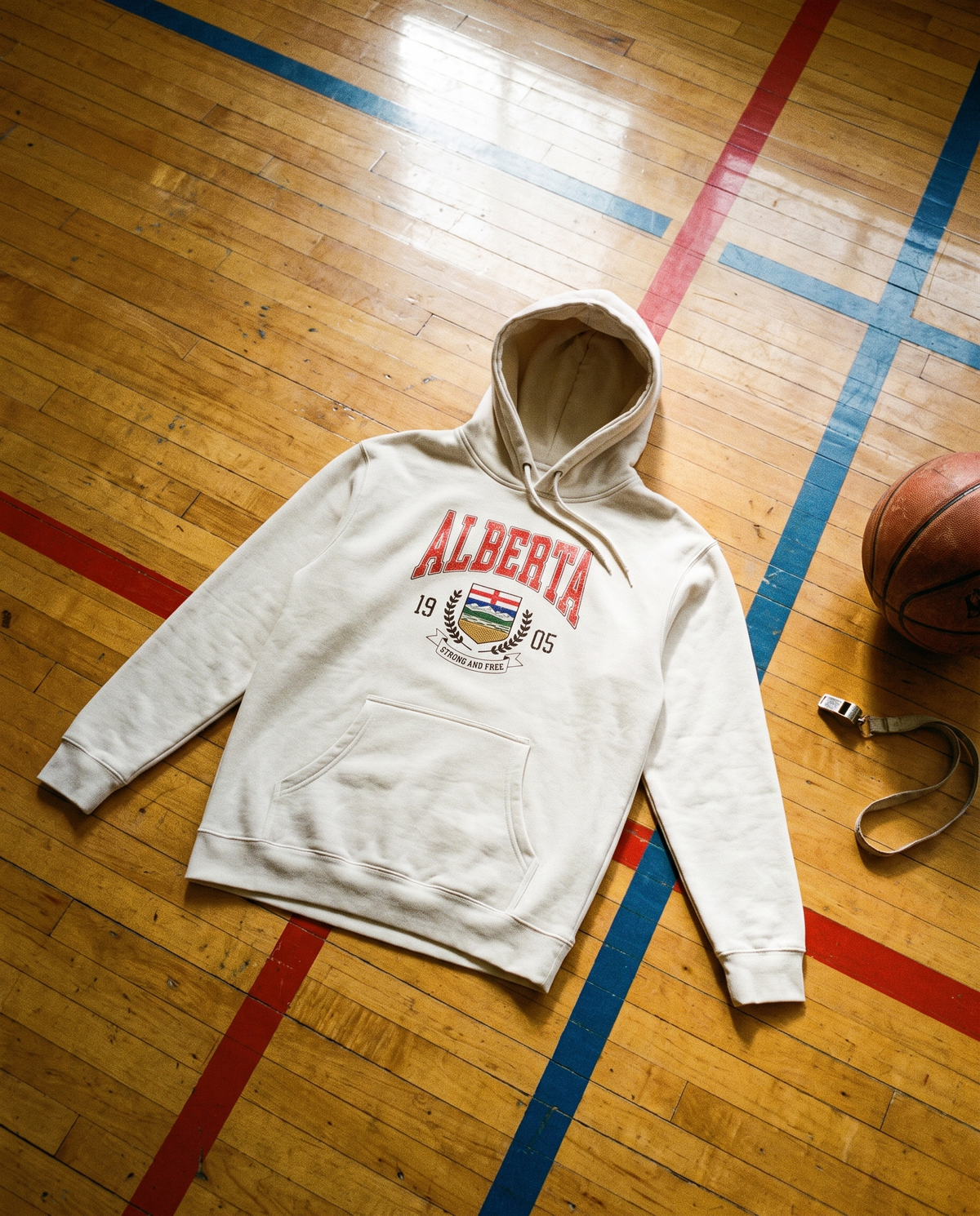 Alberta Coat of Arms Hoodie laid out on a gymnasium floor