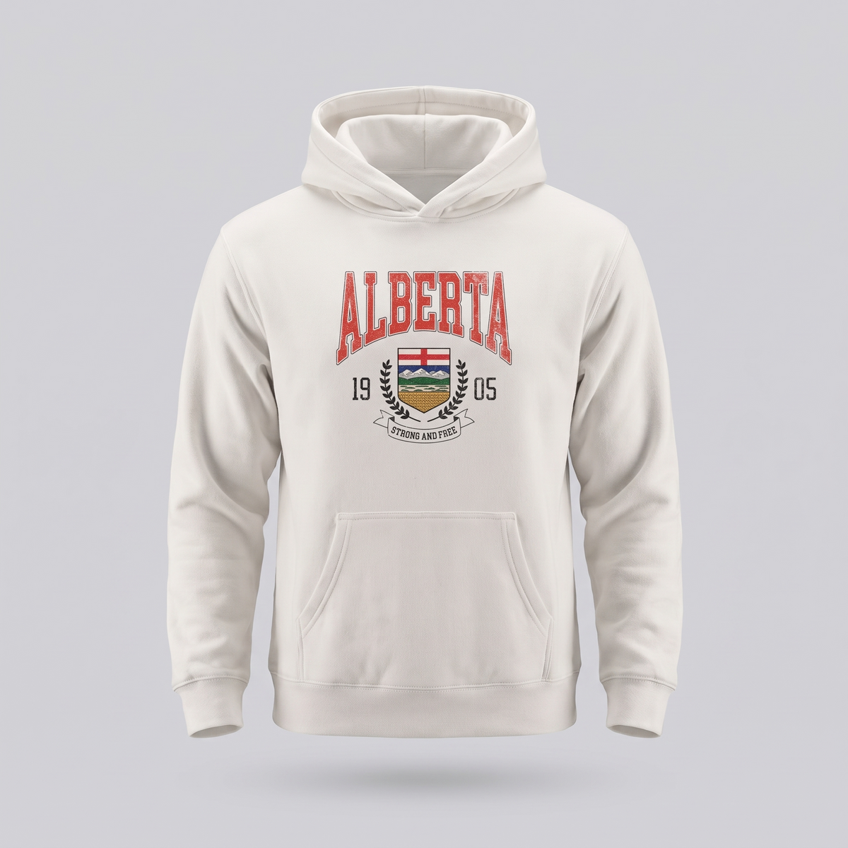 Alberta Coat of Arms Hoodie in bone cream, studio product shot