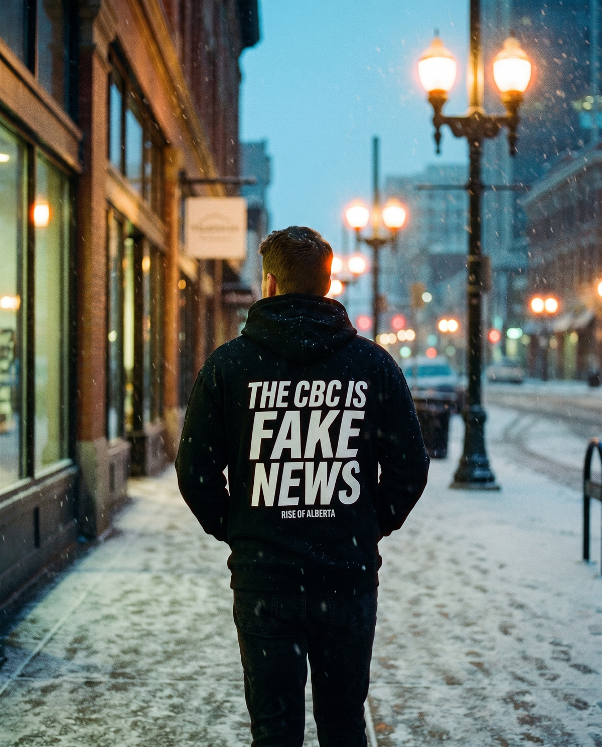 Man in the black CBC Is FAKE NEWS hoodie walking down a snowy downtown sidewalk at blue hour