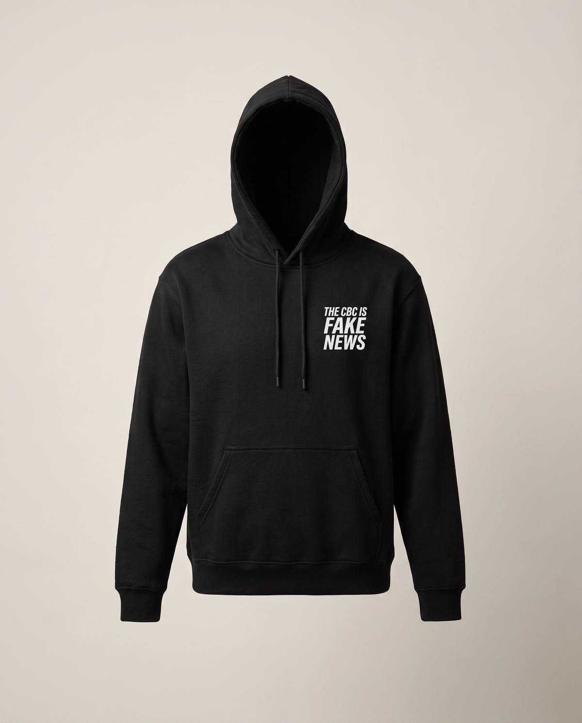 The CBC Is FAKE NEWS hoodie in black, front view showing the small left chest print