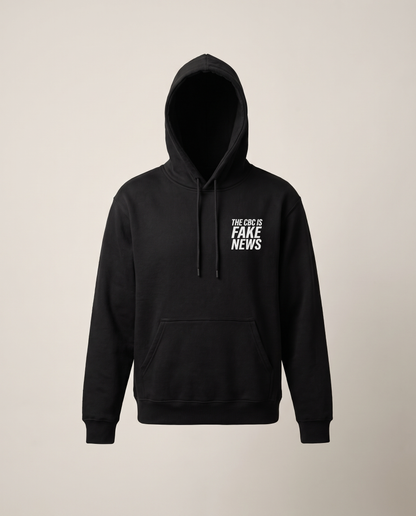 The CBC Is FAKE NEWS hoodie in black, front view showing the small left chest print