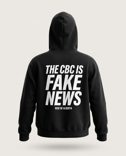 The CBC Is FAKE NEWS hoodie in black, back view showing the large white stacked back print