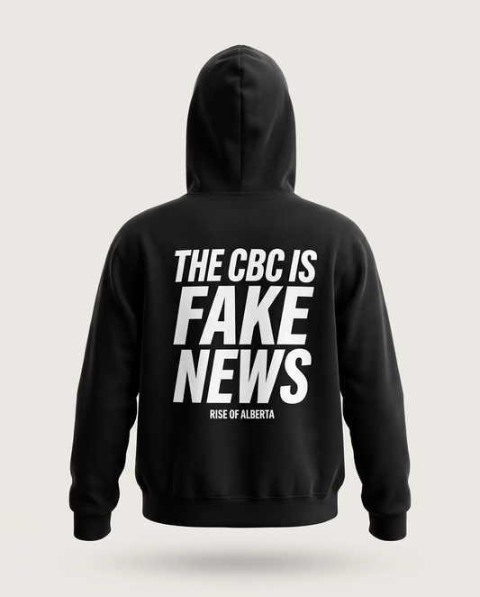 The CBC Is FAKE NEWS hoodie in black, back view showing the large white stacked back print