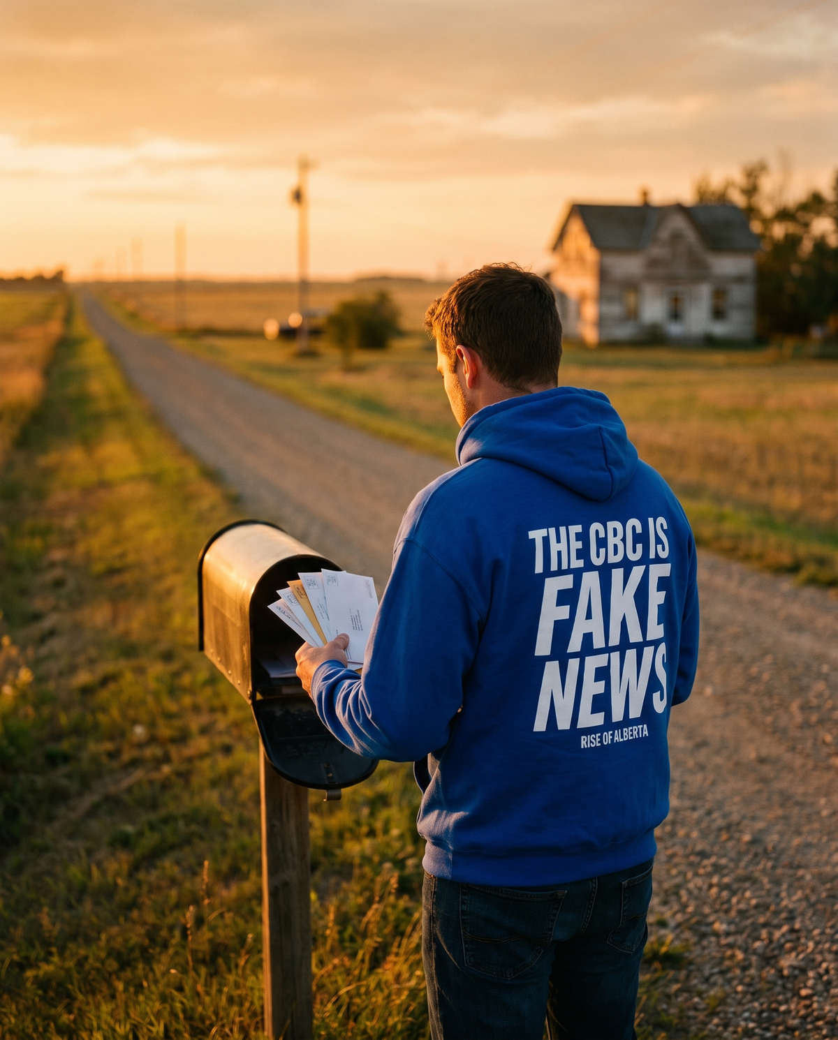Man in the royal blue CBC Is FAKE NEWS hoodie checking a rural mailbox at golden hour