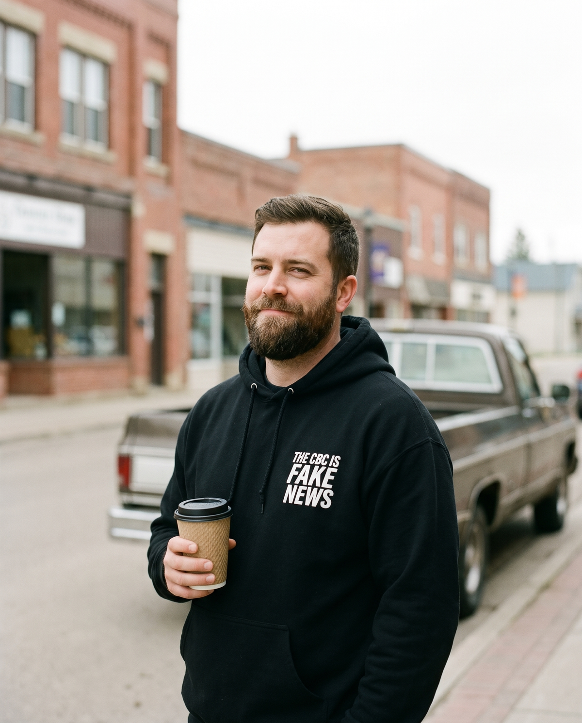 Man wearing the black CBC Is FAKE NEWS hoodie on a small-town main street, front chest print visible