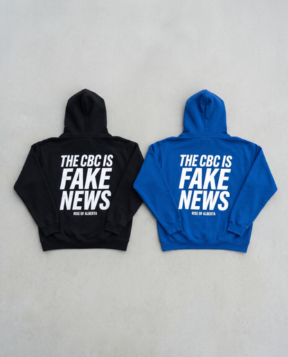 The CBC Is FAKE NEWS hoodie flat lay, black and royal blue side by side, backs showing the large print